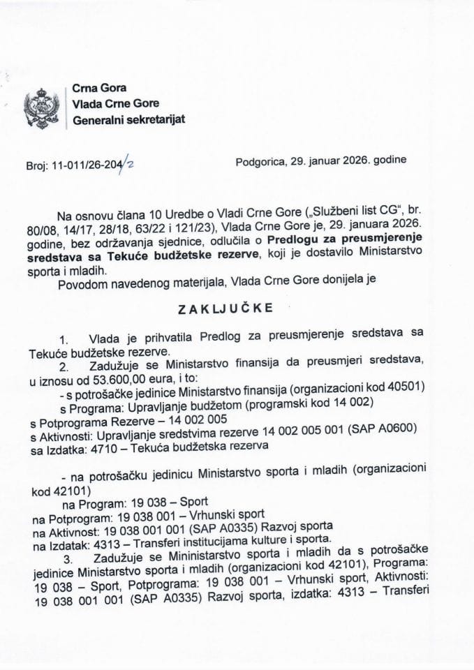 Predlog za preusmjerenje sredstava sa Tekuće budžetske rezerve - Zaključci