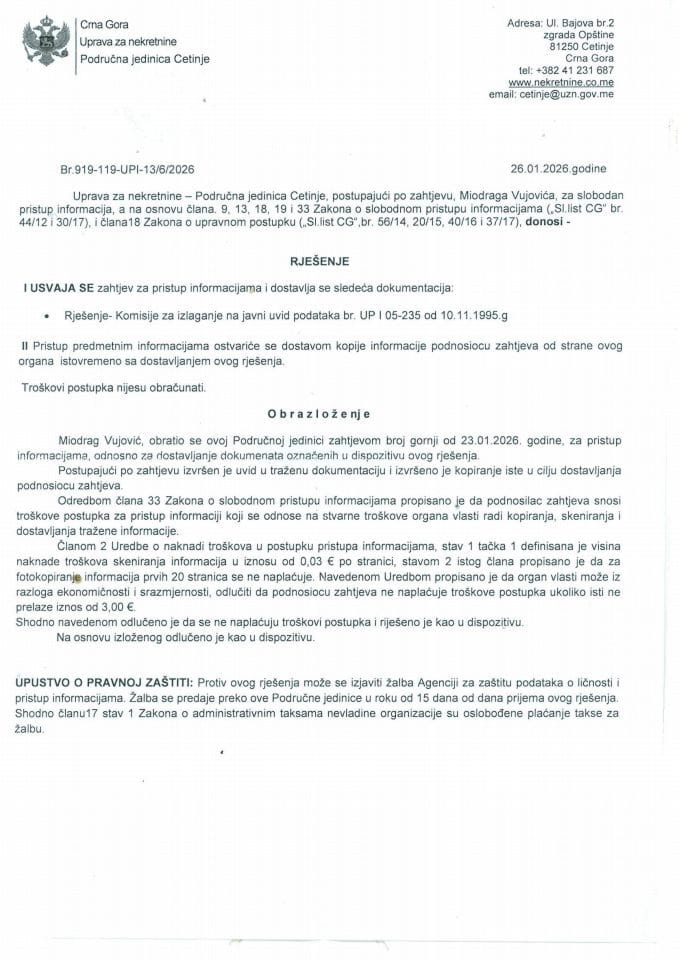 Rješenja o slobodnom pristupu informacija  - 09.02.2026.