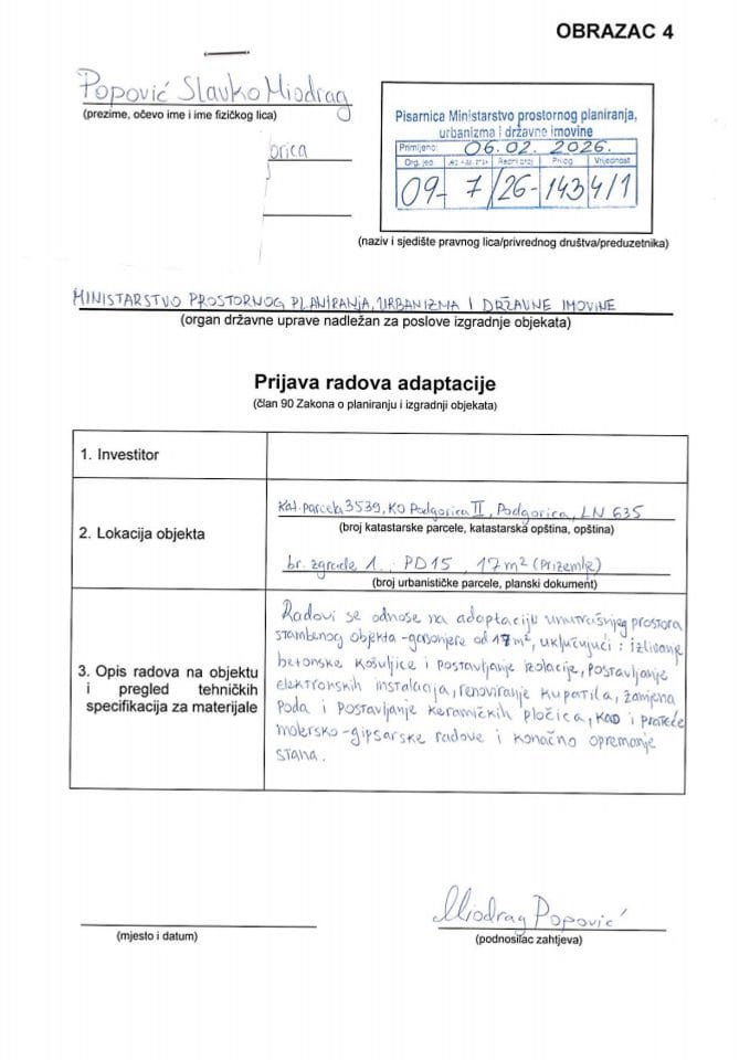 Пријава радова адаптације - 09-7-26-1434-1 ПОПОВИЋ СЛАВКО МИОДРАГ