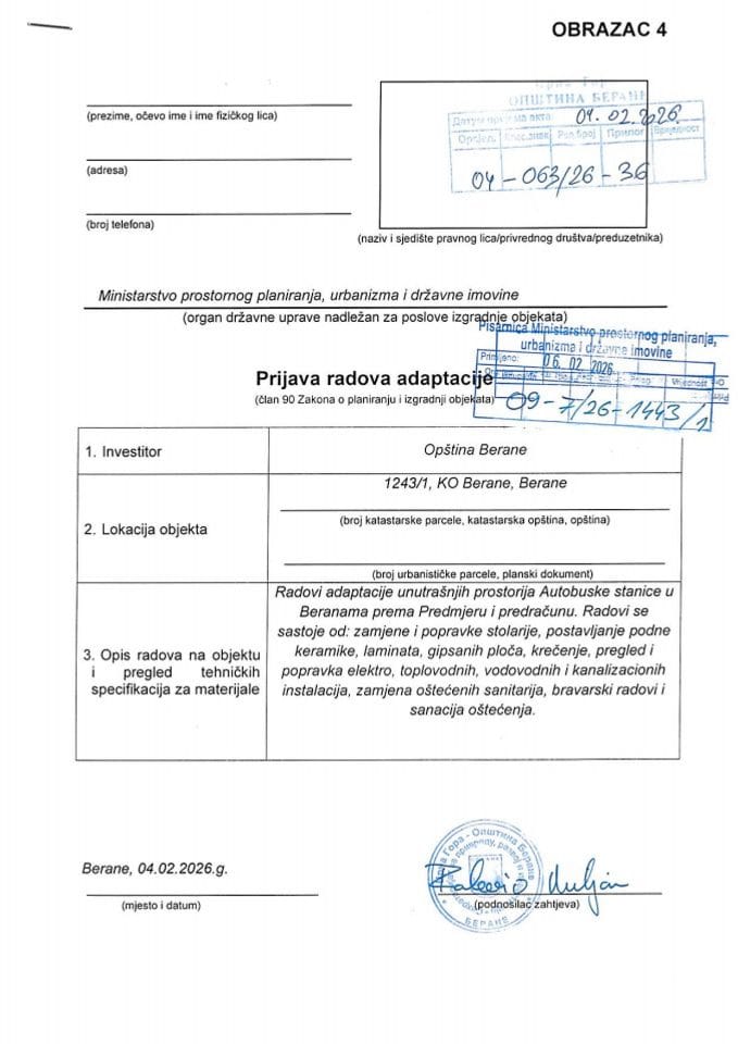 Пријава радова адаптације - 09-7-26-1443-1 ОПШТИНА БЕРАНЕ