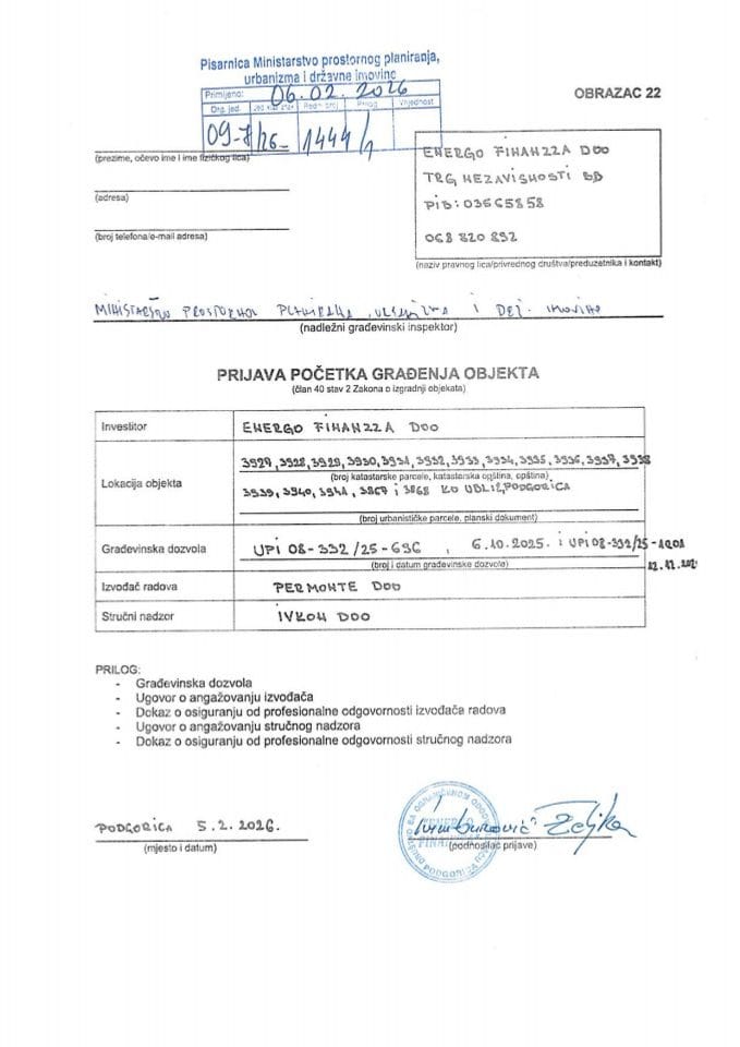 Пријава почетка грађења објекта - 09-7-26-1444-1 ЕНЕРГО ФИНАНЗЗА Д.О.О.
