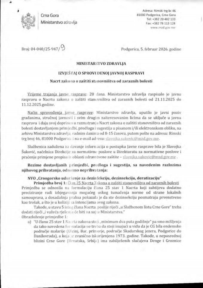 IZVJEŠTAJ O SPROVEDENOJ JAVNOJ RASPRAVI - Nacrt zakona o zaštiti stanovništva od zaraznih bolesti