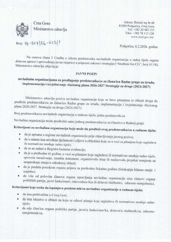 Javni poziv nevladinim organizacijama za predlaganje predstavnika za clanstvo u radnoj grupi - AP Strategije za droge