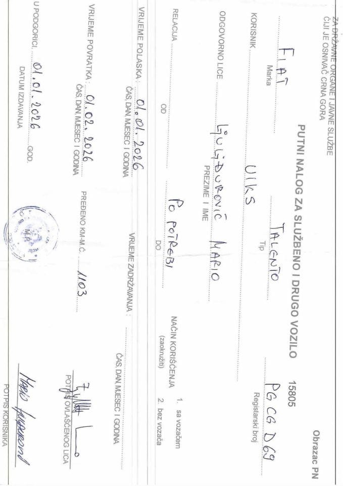 Putni nalozi 1.1.2026-1.2.2026. godine 1