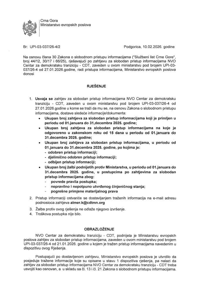 Zahtjev za slobodan pristup informacijama UPI 03-037-26-4-2 Rješenje od 10.02.2026 godine