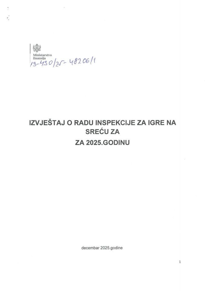 Izvještaj o radu inspekcije za igre na sreću za 2025.godinu