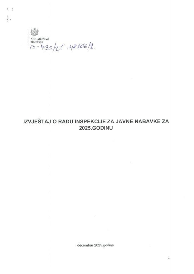 Izvještaj o radu inspekcije za javne nabavke za 2025.godinu