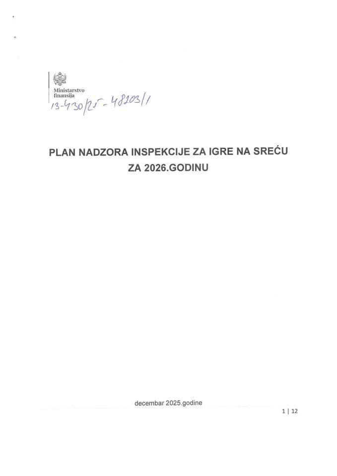 План надзора инспекције за игре на срећу за 2026. годину