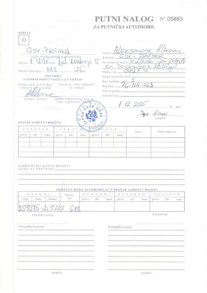 Putni nalozi za korišćenje službenih vozila u periodu od 01.12. do 31.12.2025. godine