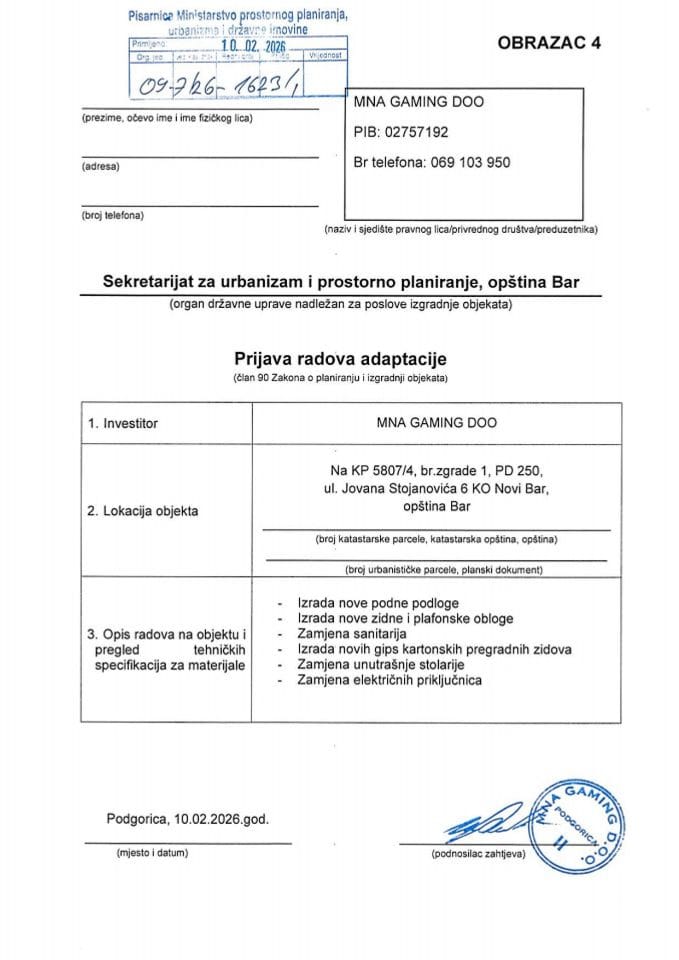 Prijava radova adaptacije - 09-7-26-1623-1 MNA GAMING D.O.O.