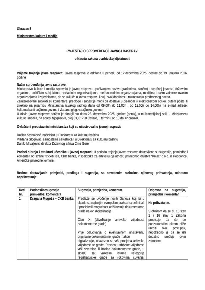 IZVJEŠTAJ O SPROVEDENOJ JAVNOJ RASPRAVI - Zakon o arhivskoj