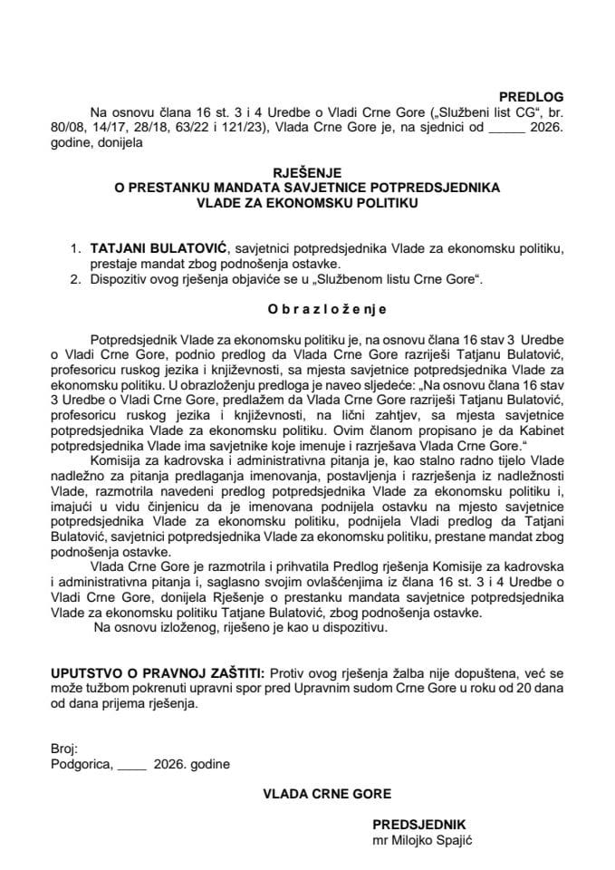 Predlog za prestanak mandata savjetnice potpredsjednika Vlade za ekonomsku politiku
