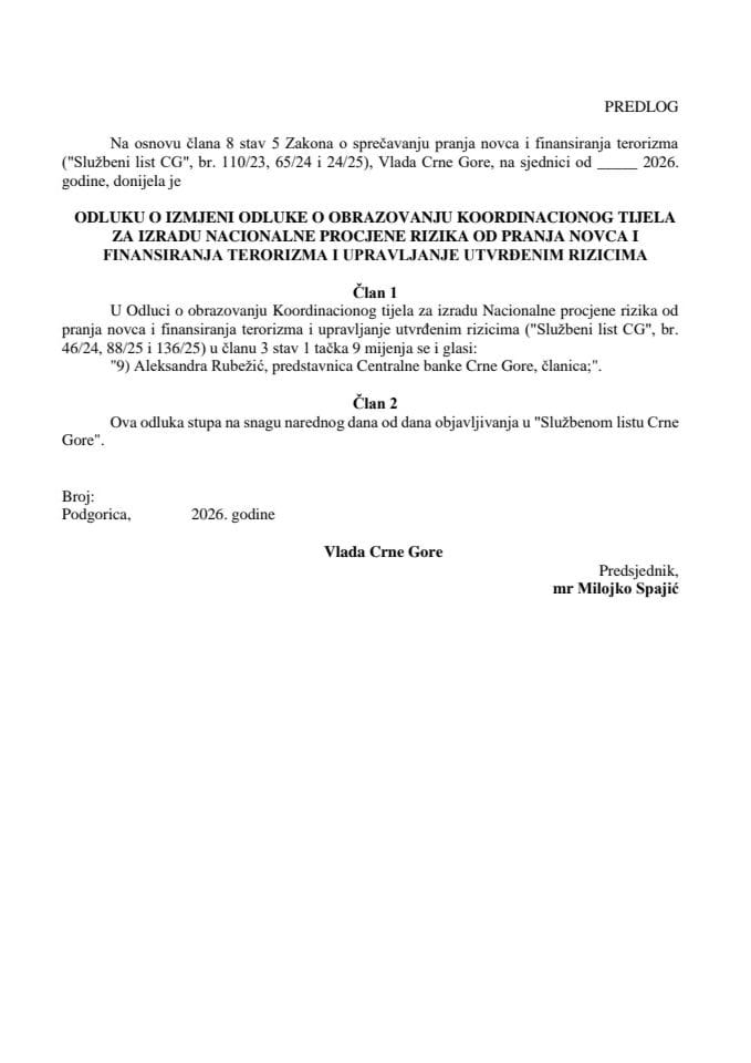 Predlog odluke o izmjeni Odluke o obrazovanju Koordinacionog tijela za izradu Nacionalne procjene rizika od pranja novca i finansiranja terorizma i upravljanje utvrđenim rizicima