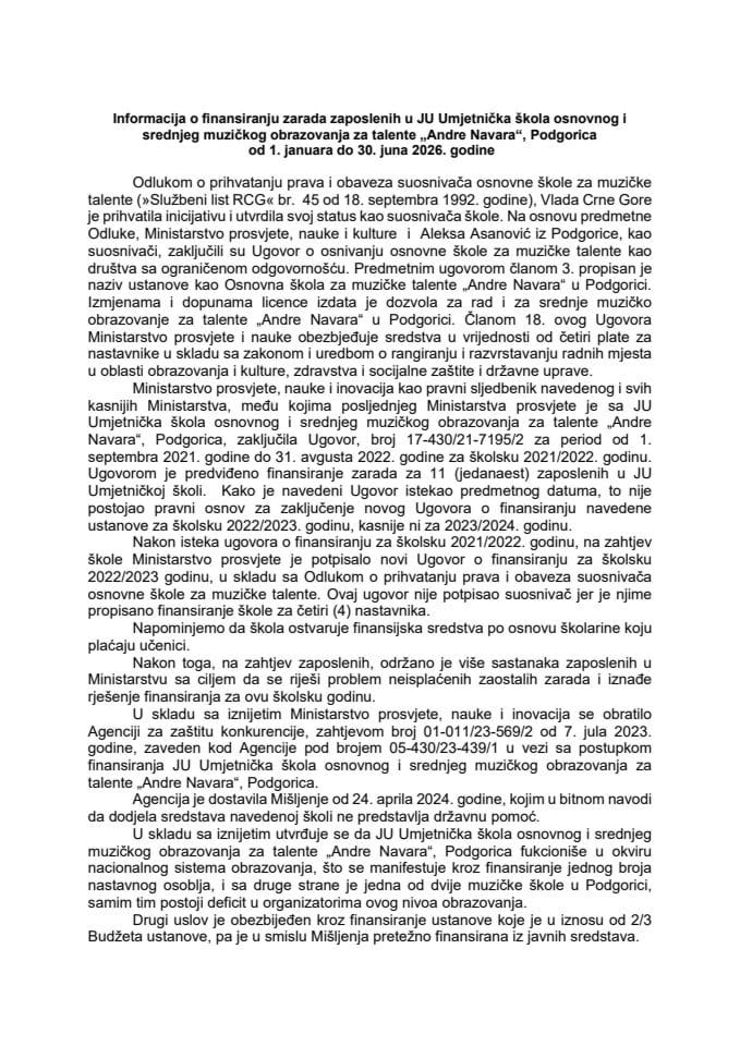 Informacija o finansiranju zarada zaposlenih u JU Umjetnička škola osnovnog i srednjeg muzičkog obrazovanja za talente „Andre Navara“, Podgorica, od 1. januara 2026. godine do 30. juna 2026. godine sa Predlogom ugovora