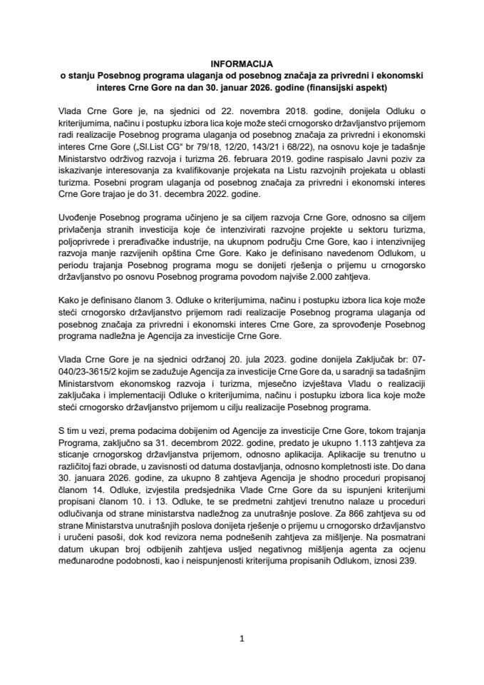 Informacija o stanju Posebnog programa ulaganja od posebnog značaja za privredni i ekonomski interes Crne Gore na dan 30. januar 2026. godine (finansijski aspekt)