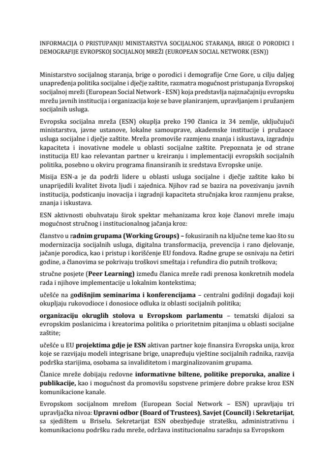 Informacija o pristupanju Ministarstva socijalnog staranja, brige o porodici i demografije Evropskoj socijalnoj mreži (European Social Network – (ESN))