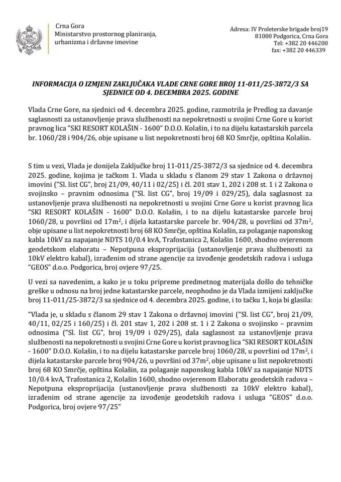 Informacija o izmjeni Zaključaka Vlade Crne Gore, broj: 11-011/25-3872/3, sa sjednice od 4. decembra 2025. godine