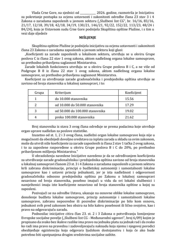 Predlog mišljenja na Inicijativu za pokretanje postupka za ocjenu ustavnosti odredaba člana 23 st. 3 i 4 Zakona o zaradama zaposlenih u javnom sektoru, koju je podnijela Skupština Opštine Plužine