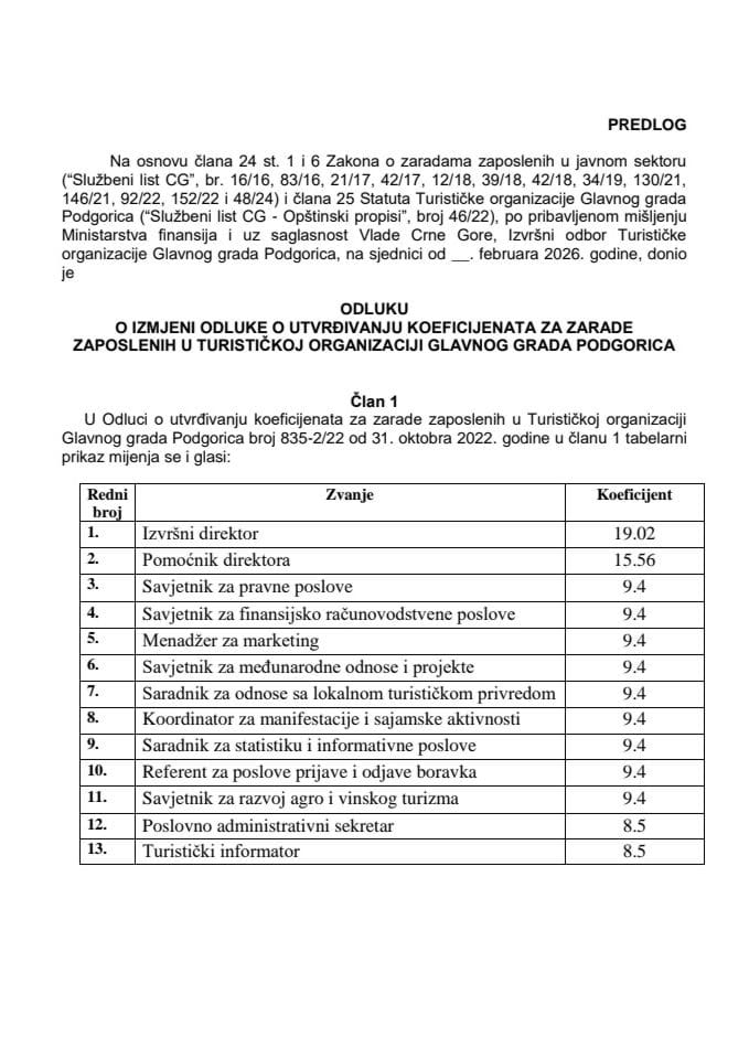 Predlog odluke o izmjeni Odluke o utvrđivanju koeficijenata za zarade zaposlenih u Turističkoj organizaciji Glavnog grada Podgorica