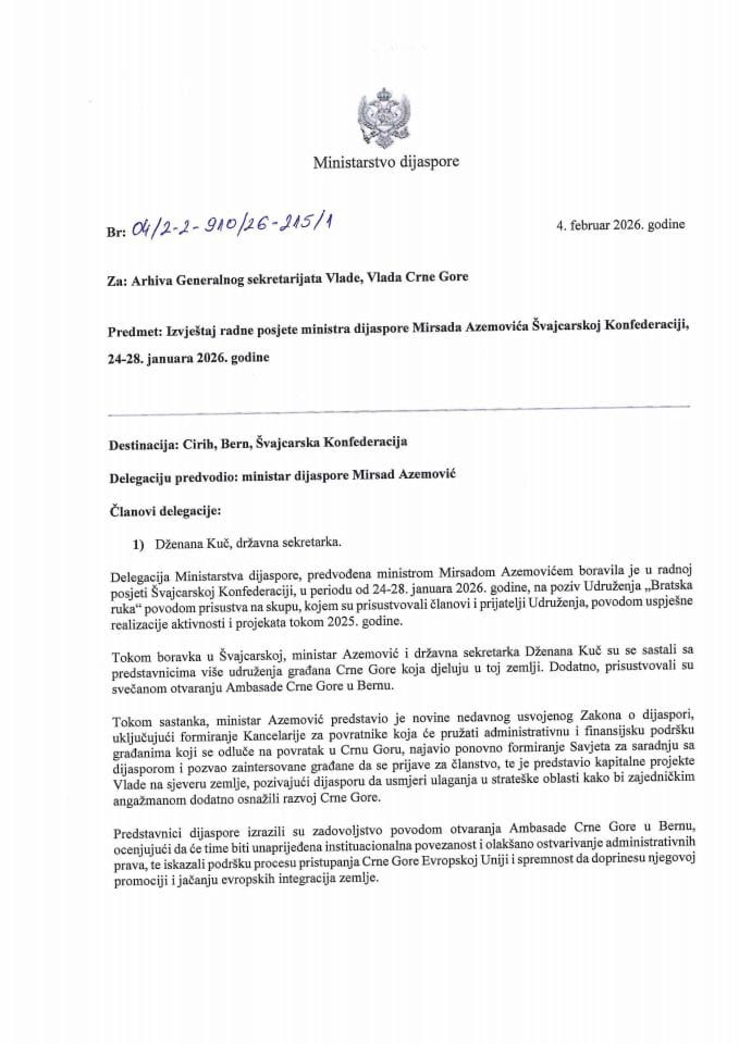 Izvještaj sa radne posjete ministra dijaspore Mirsada Azemovića Švajcarskoj Konfederaciji, 24-28. januara 2026. godine