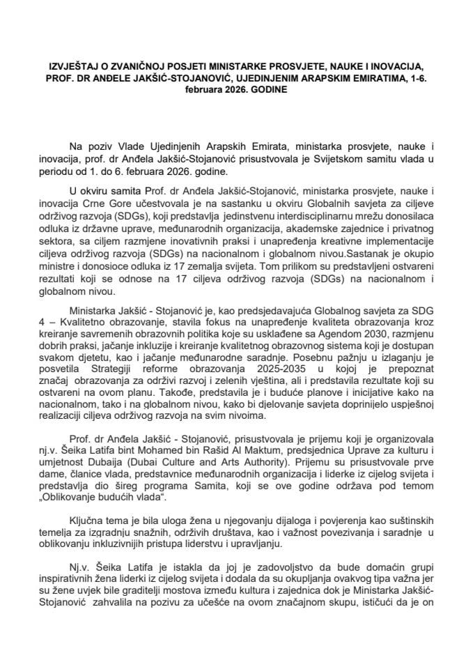Izvještaj o zvaničnoj posjeti ministarke prosvjete, nauke i inovacija, prof. dr Anđele Jakšić-Stojanović, Ujedinjenim Arapskim Emiratima, 1-6. februara 2026. godine