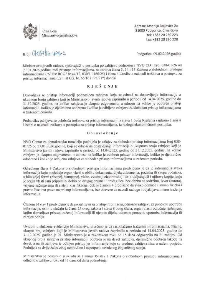 Nvo Centar za demokratsku tranziciju-Rjesenje 038-01-26
