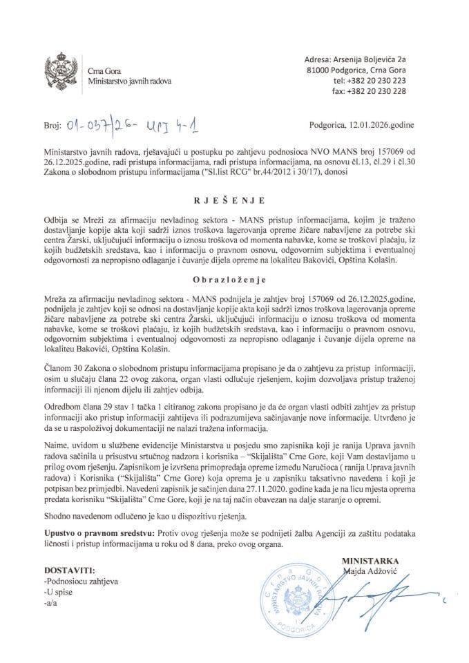 Манс-157069-Рјесење о одбијању опреме ски центра Зарски