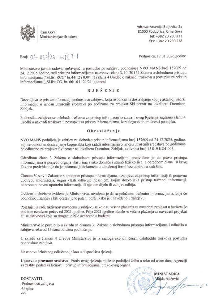 Mans- rješenje o dozvoli 157069 ski centar Durmitor