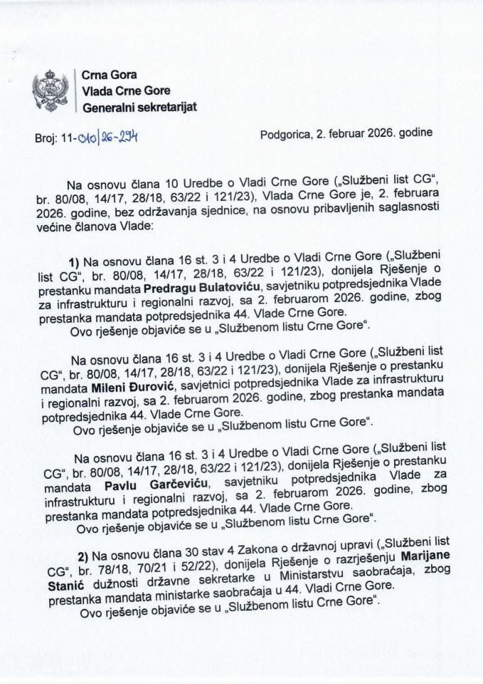 Kadrovska pitanja - 2. februar 2026. godine - Zaključci