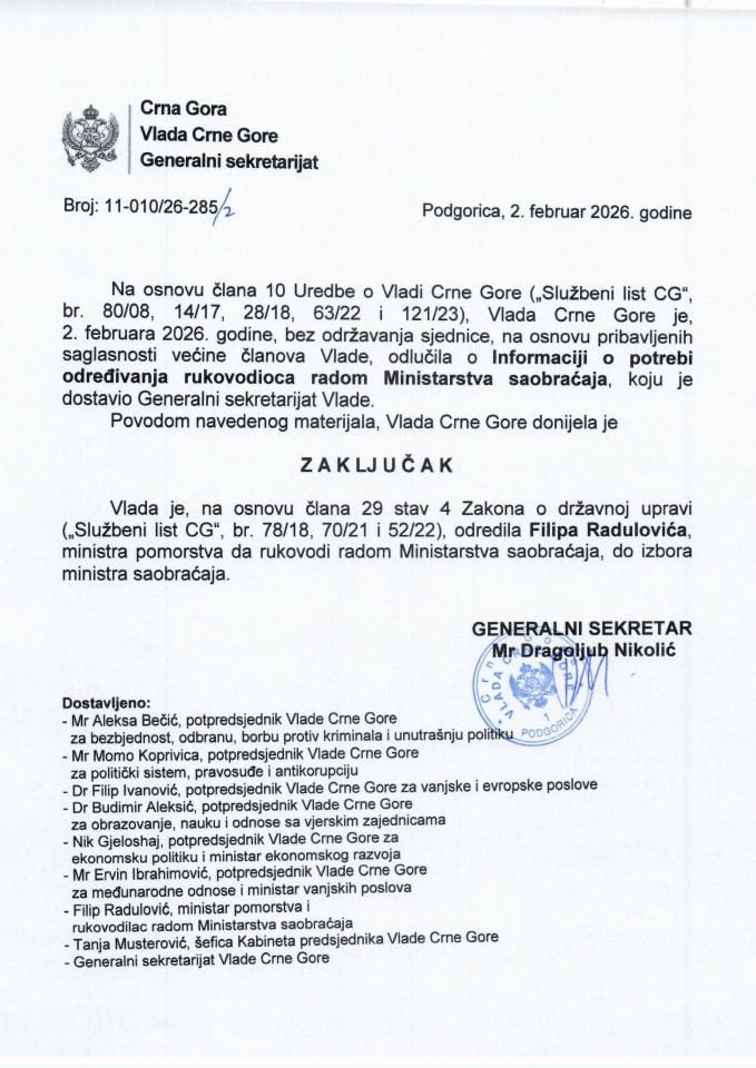 Informacija o potrebi određivanja rukovodioca radom Ministarstva saobraćaja - Zaključci