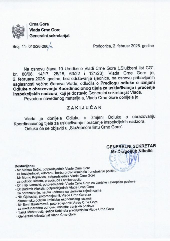 Predlog odluke o izmjeni Odluke o obrazovanju Koordinacionog tijela za usklađivanje i praćenje inspekcijskih nadzora - Zaključci