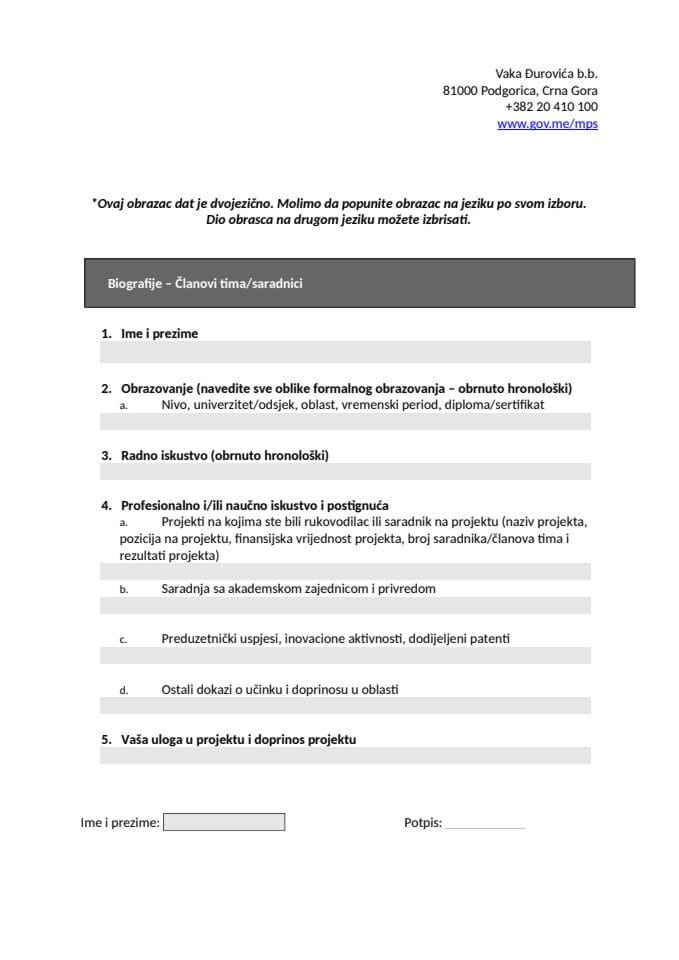 prijavni-obrazac-konkurs-HE-Tačka 4 pt 1 i 2_CV Clanova projektnog tima, Team members and associates