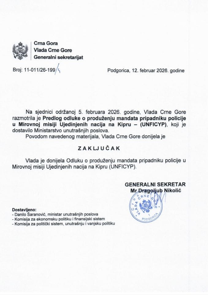 Predlog odluke o produženju mandata pripadniku policije u Mirovnoj misiji Ujedinjenih nacija na Kipru (UNFICYP) - Zaključci