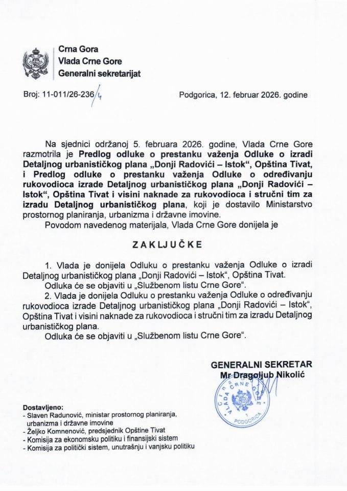 Predlog odluke o prestanku važenja Odluke o izradi Detaljnog urbanističkog plana „Donji Radovići – Istok“, opština Tivat - Zaključci