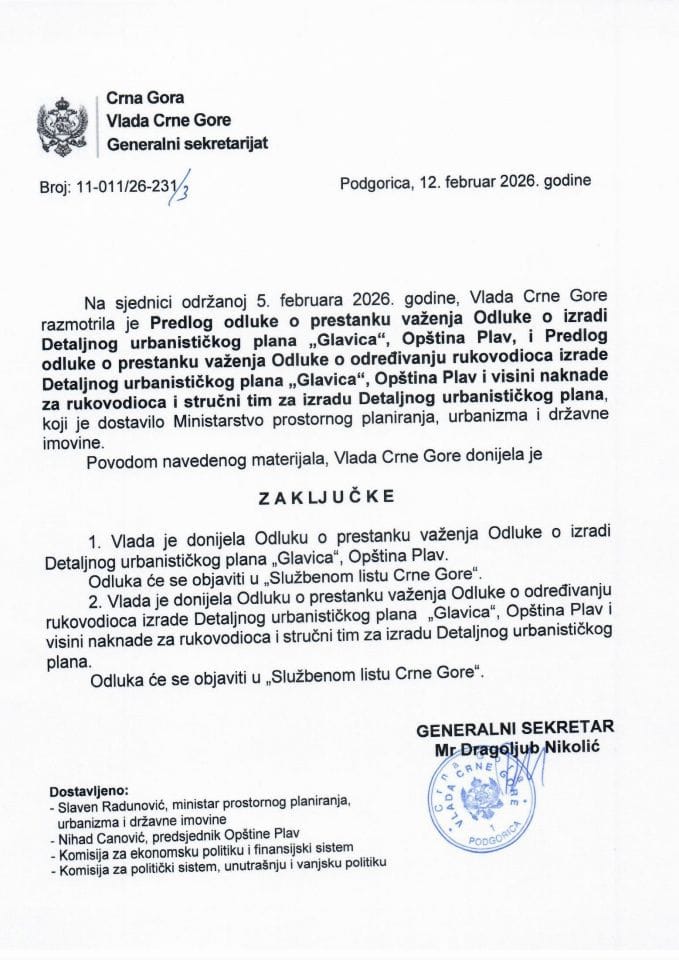 Predlog odluke o prestanku važenja Odluke o izradi Detaljnog urbanističkog plana „Glavica“, Opština Plav i Predlog odluke o prestanku važenja Odluke o određivanju rukovodioca izrade Detaljnog urbanističkog plana „Glavica“, Opština Plav - Zaključci