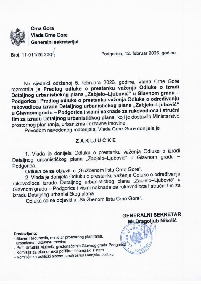 Predlog odluke o prestanku važenja Odluke o izradi Detaljnog urbanističkog plana „Zabjelo-Ljubović“ u Glavnom gradu - Podgorica - Zaključci