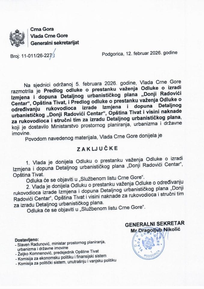 Predlog odluke o prestanku važenja Odluke o izradi Izmjena i dopuna Detaljnog urbanističkog plana „Donji Radovići Centar“, opština Tivat - Zaključci