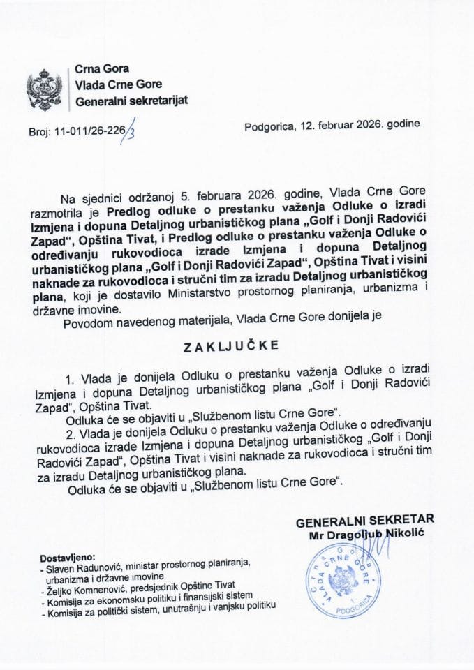 Predlog odluke o prestanku važenja Odluke o izradi Izmjena i dopuna Detaljnog urbanističkog plana „Golf i Donji Radovići Zapad“, Opština Tivat - Zaključci