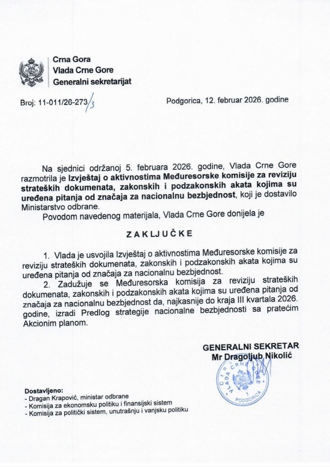 Izvještaj o aktivnostima Međuresorske komisije za reviziju strateških dokumenata, zakonskih i podzakonskih akata kojima su uređena pitanja od značaja za nacionalnu bezbjednost - Zaključci