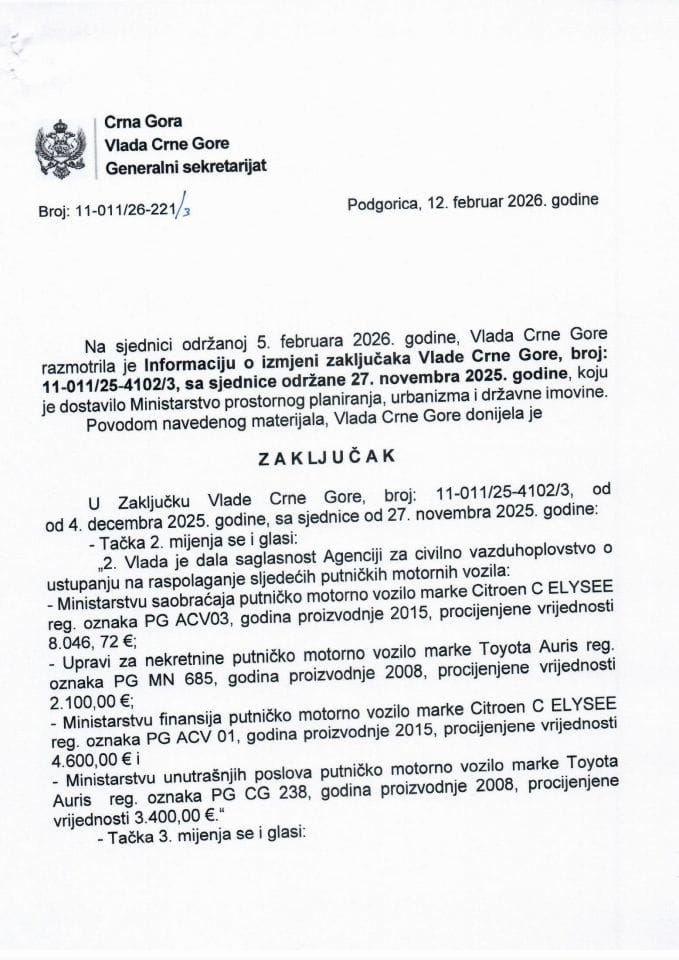 Информација о измјени закључака Владе Црне Горе, број: 11-011/25-4102/3, са сједнице одржане 27. новембра 2025. године - Закључци