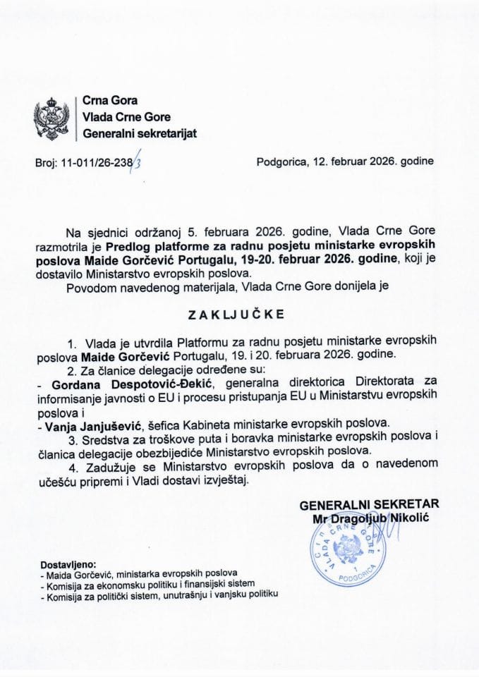 Predlog platforme za radnu posjetu ministarke evropskih poslova Maide Gorčević Portugalu, 19-20. februar 2026. godine - Zaključci