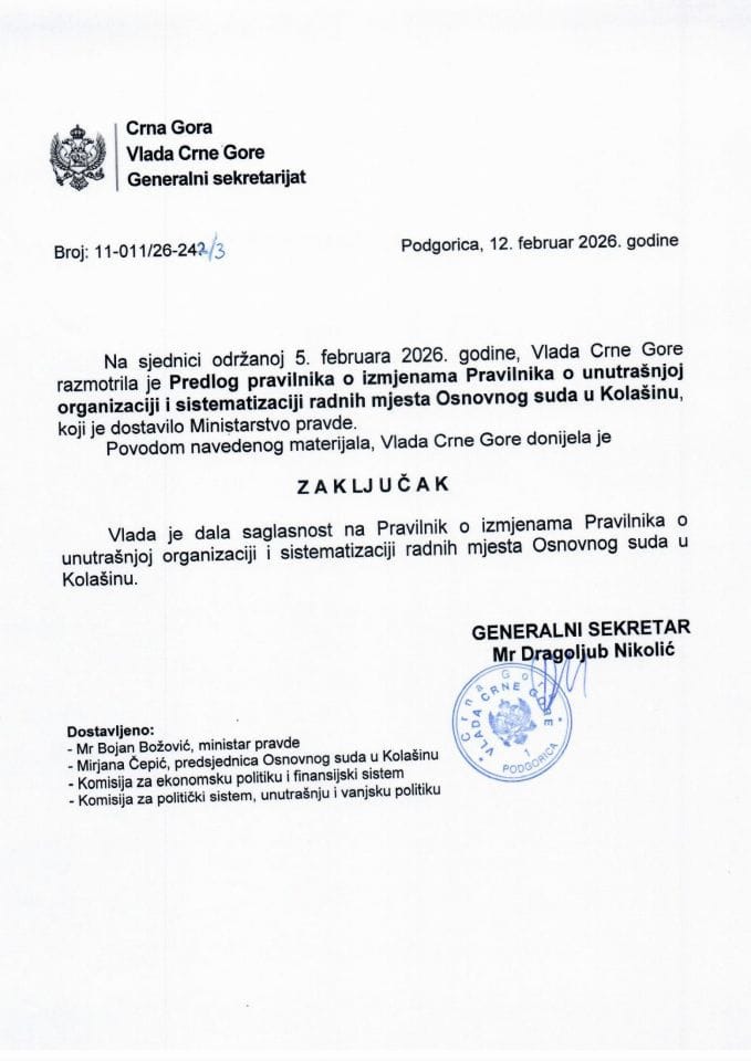 Predlog pravilnika o izmjenama Pravilnika o unutrašnjoj organizaciji i sistematizaciji radnih mjesta Osnovnog suda u Kolašinu - Zaključci