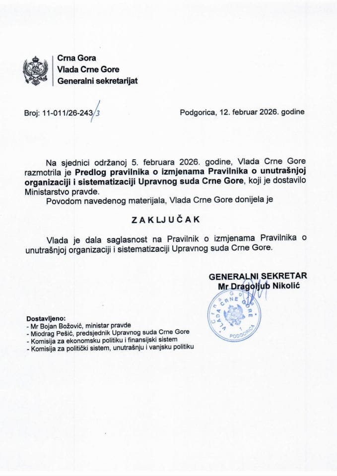 Predlog pravilnika o izmjenama Pravilnika o unutrašnjoj organizaciji i sistematizaciji Upravnog suda Crne Gore - Zaključci