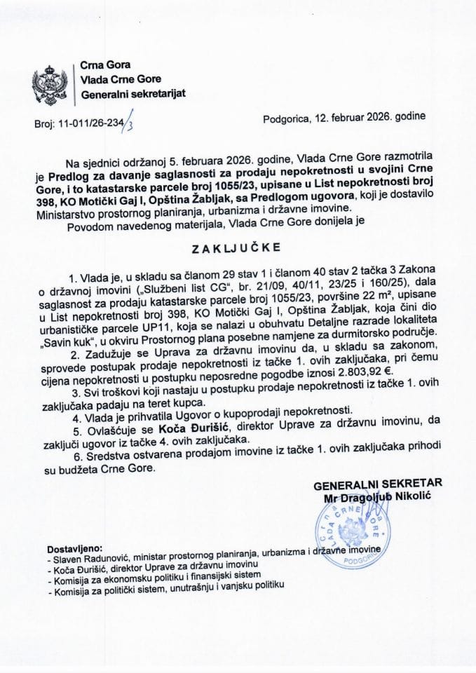 Predlog za davanje saglasnosti za prodaju nepokretnosti u svojini Crne Gore, i to katastarske parcele broj 1055/23, upisane u list nepokretnosti broj 398, KO Motički Gaj I, opština Žabljak sa Predlogom ugovora - Zaključci