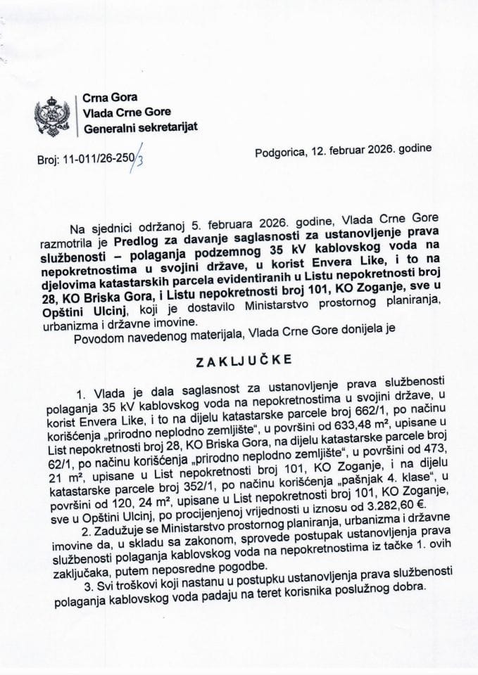 Predlog za davanje saglasnosti za ustanovljenje prava službenosti - polaganja podzemnog 35 kV kablovskog voda na nepokretnostima u svojini države, u korist Envera Like - Zaključci