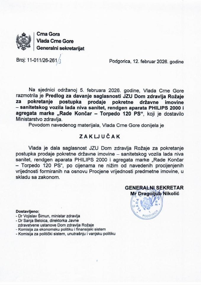 Predlog za davanje saglasnosti JZU Dom zdravlja Rožaje za pokretanje postupka prodaje pokretne državne imovine - sanitetskog vozila Lada Niva Sanitet, rendgen aparata PHILIPS 2000 i agregata marke Rade Končar - Torpedo 120 PS - Zaključci
