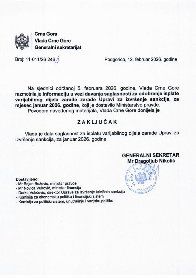 Informacija u vezi potrebe dobijanja saglasnosti za odobravanje isplate varijabilnog dijela zarade za mjesec januar 2026. godine Upravi za izvršenje krivičnih sankcija - Zaključci