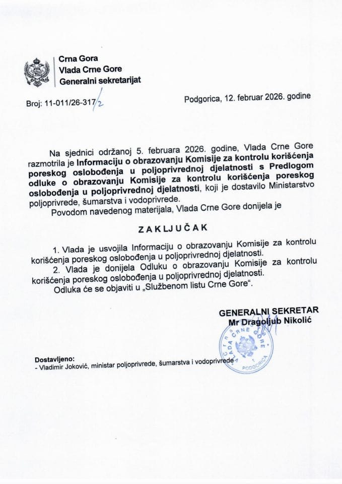 Informacija o obrazovanju Komisije za kontrolu korišćenja poreskog oslobođenja u poljoprivrednoj djelatnosti s Predlogom odluke - Zaključci