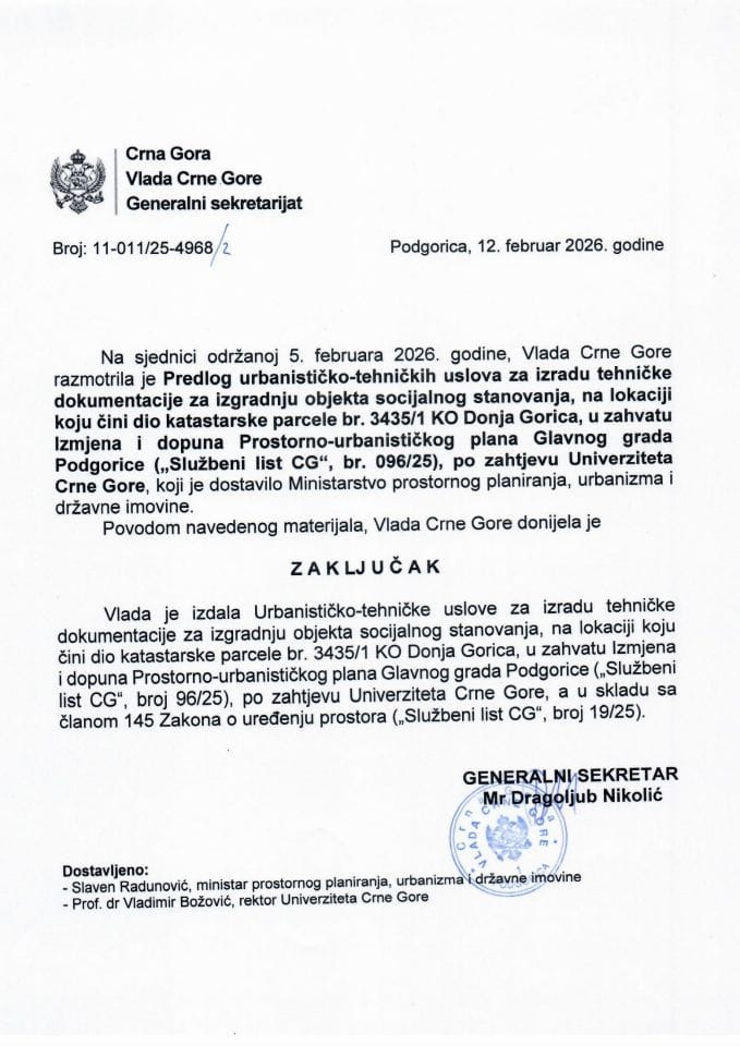 Predlog urbanističko-tehničkih uslova za izradu tehničke dokumentacije za izgradnju objekta socijalnog stanovanja, na lokaciji koju čini dio katastarske parcele br. 3435/1 KO Donja Gorica - Zaključci