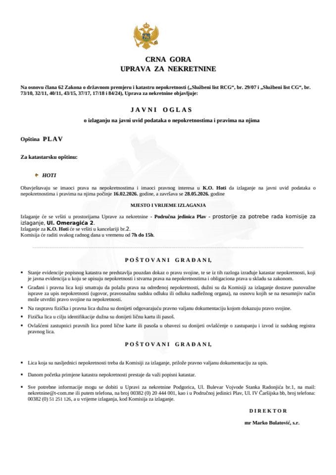 Javni oglas o izlaganju na javni uvid podataka o nepokretnostima i pravima na njima – Opština Plav (K.O. Hoti)
